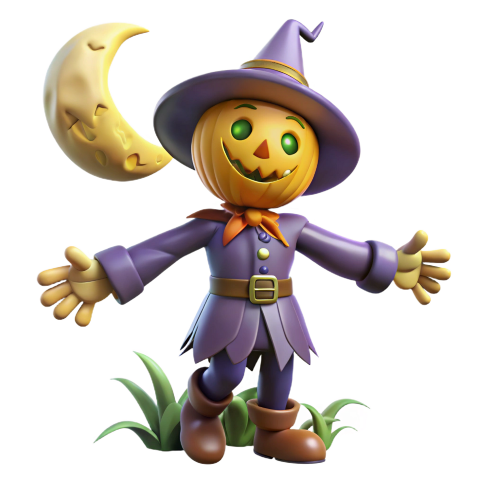inspired artistic A whimsical scarecrow come to life, moonlight, spooky and playful, digital art detailed png