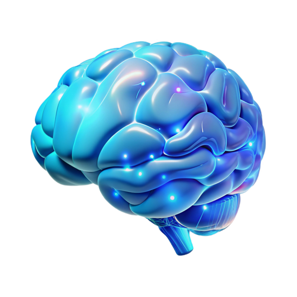 joyful vibrant A holographic projection of a human brain, rotating slowly, intricate neural networks glowing, illuminated by cool blue light in a minimalist style top tier png