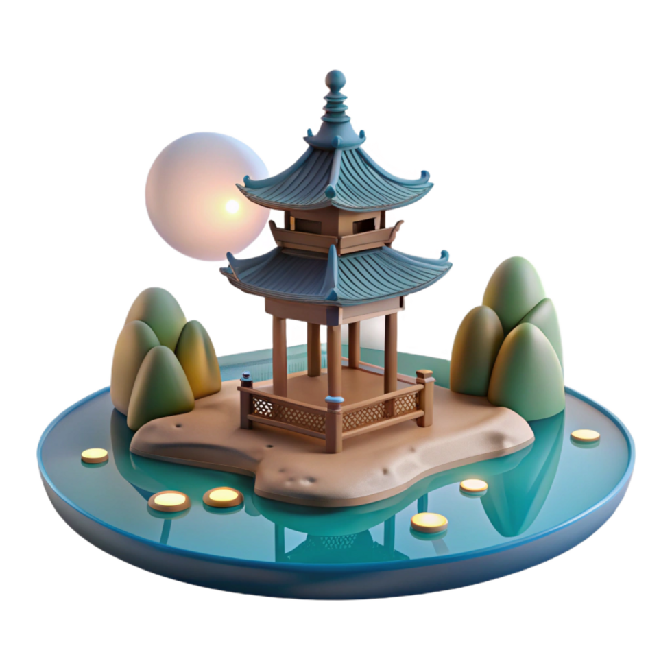 gorgeous calm impressionist A floating pagoda in a serene lake, soft moonlight, traditional East Asian painting style studio quality png