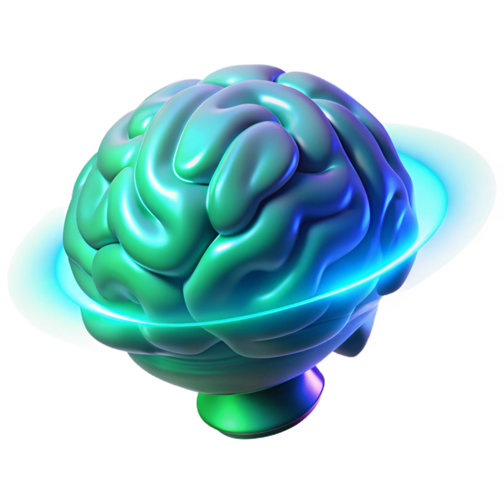 sumptuous dramatic vintage A holographic projection of a human brain, rotating slowly, pulsing with energy, cool blue and green lighting, scientific illustration style elite png