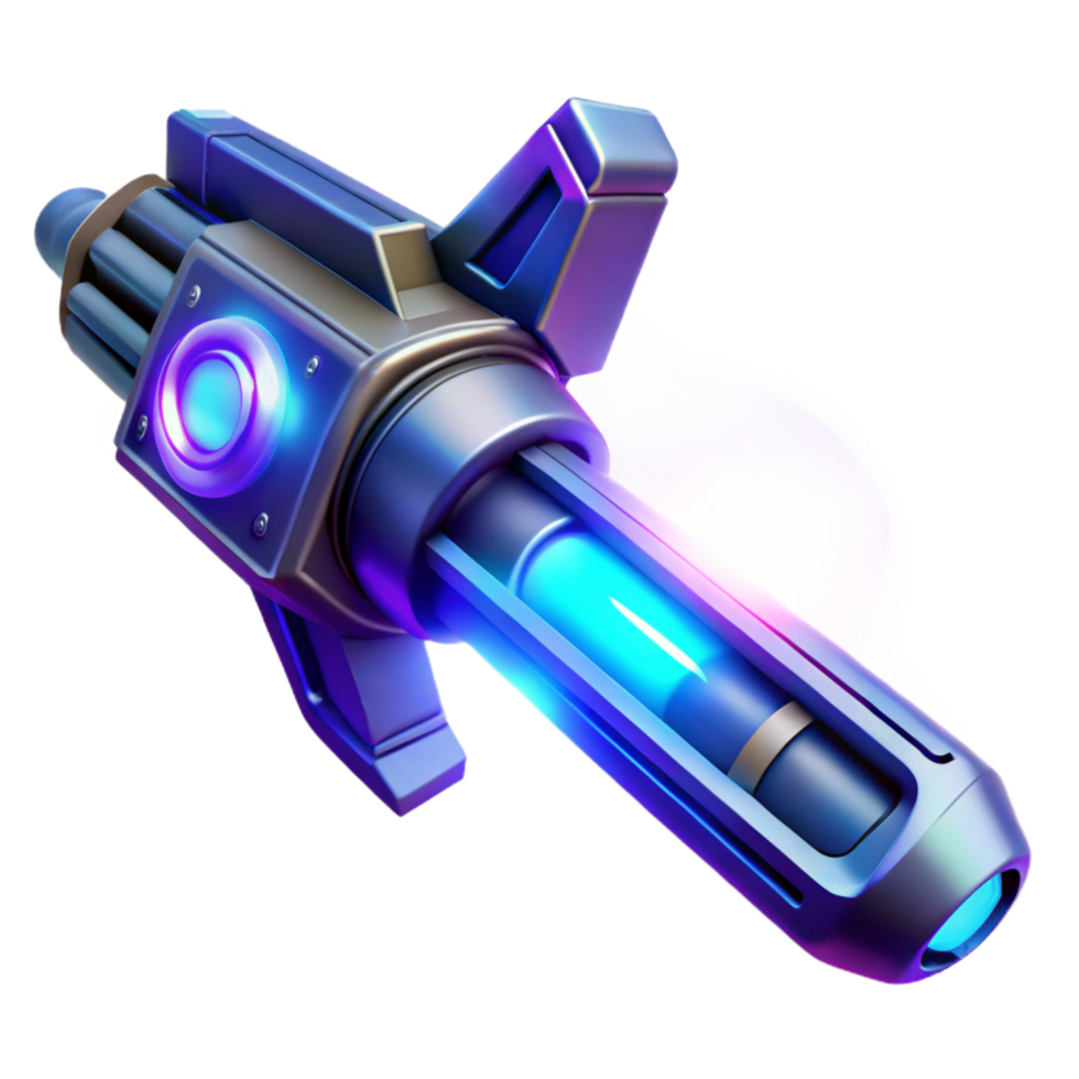 splendid intense geometric A futuristic weapon, sleek design with glowing energy core, illuminated by blue and purple light, in a sci fi style handcrafted png