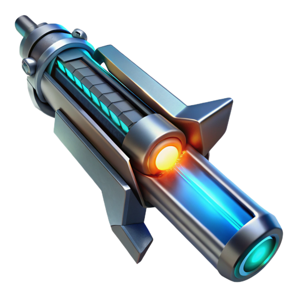 spectacular mid century A futuristic weapon, sleek, metallic design, glowing energy core, dark, moody lighting, sci fi style high resolution png