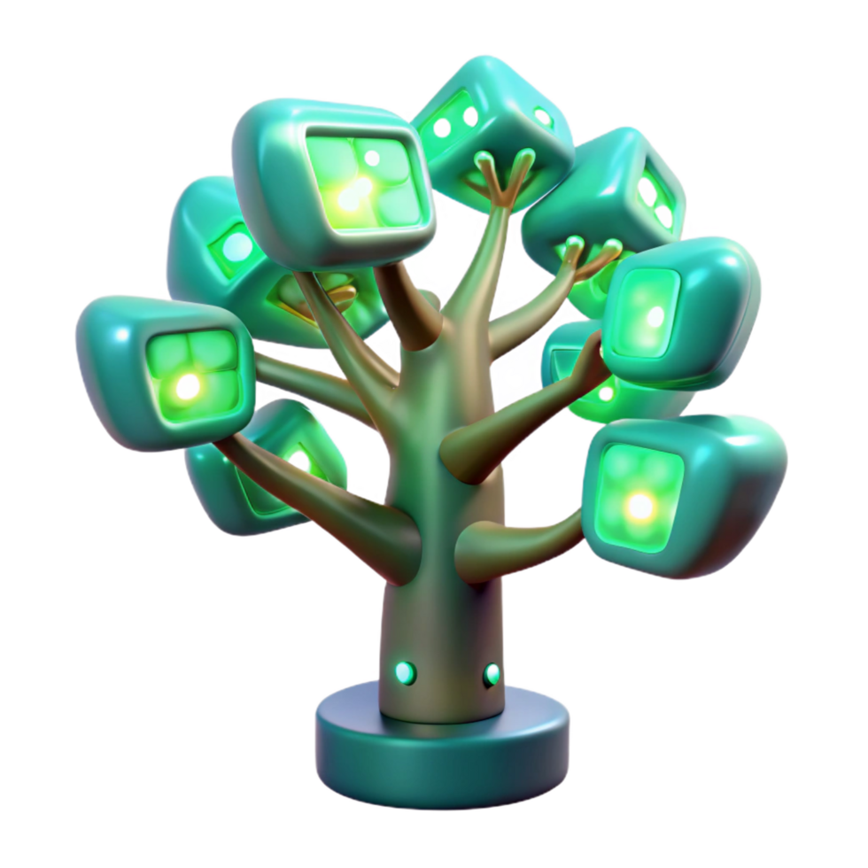 stunning baroque A bioluminescent tree with digital leaves displaying coded information, soft green lighting, fantasy style studio quality png