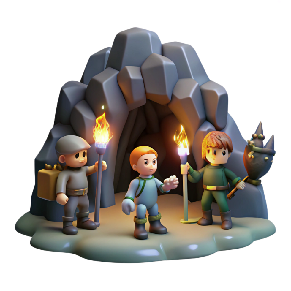 memorable organic A group of adventurers exploring a dark and mysterious cave, flickering torchlight, in a classic dungeon crawler style high resolution png