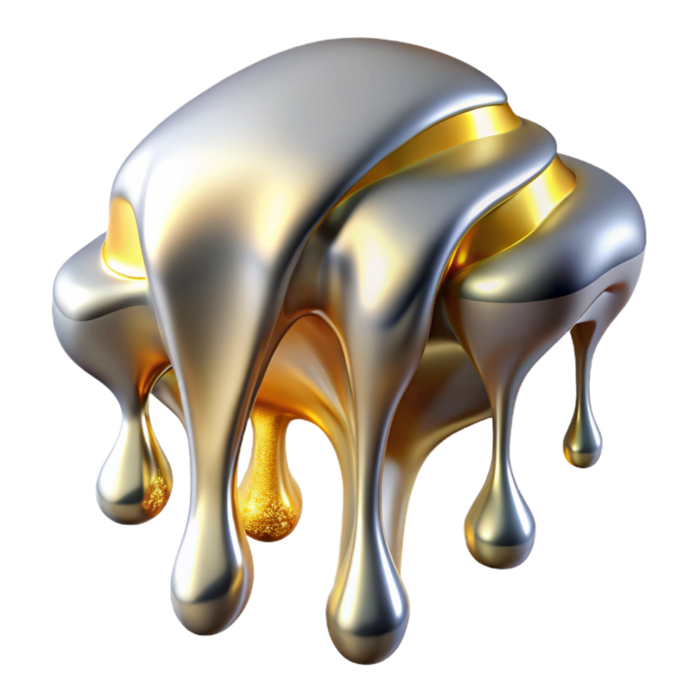 ethereal glorious A cascade of liquid metal, in shades of silver and gold, flowing and dripping, lit by a warm, golden light, in a futuristic style fine detail png