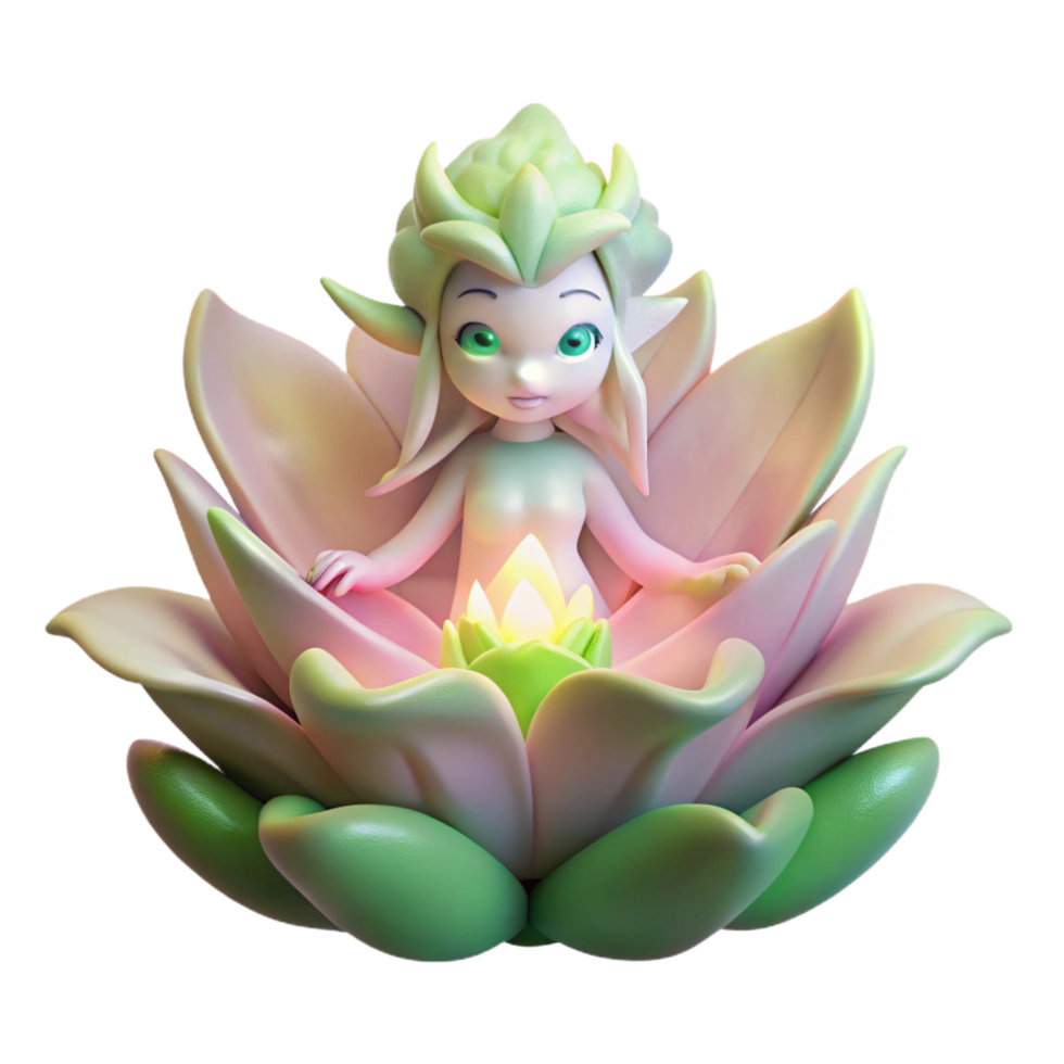 vibrant modern A serene forest spirit emerging from a blooming flower, soft magical lighting, in a delicate art nouveau style masterfully captured png