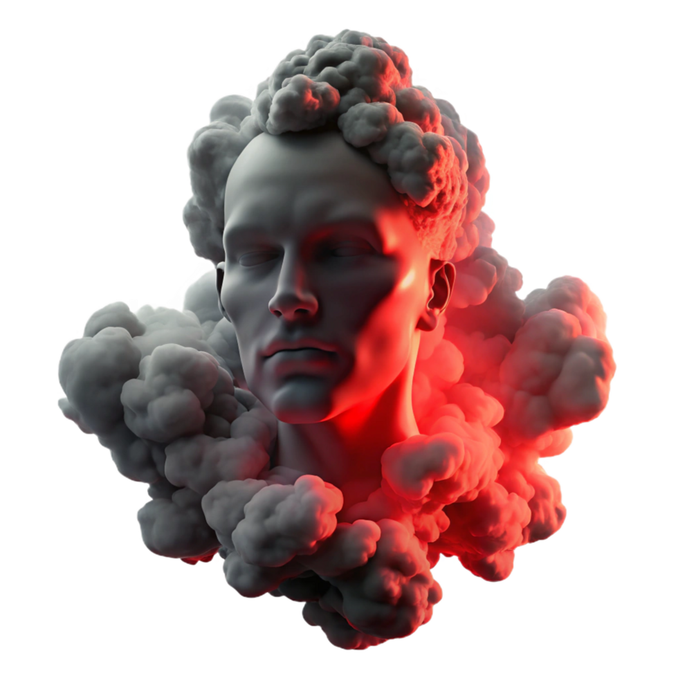 calm picturesque A dense cloud of smoke swirling in the shape of a human face, backlit by a dramatic red light, chiaroscuro style impeccable png