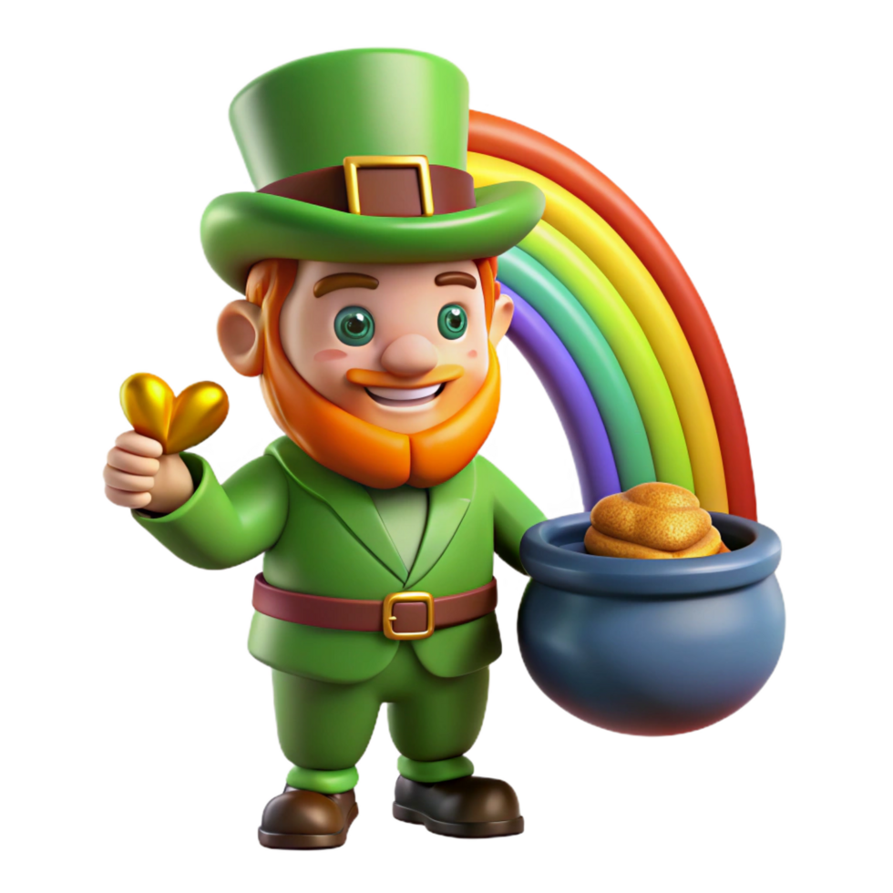 remarkable futuristic A mischievous leprechaun guarding a pot of gold at the end of a rainbow, whimsical, cartoon style ultra HD png