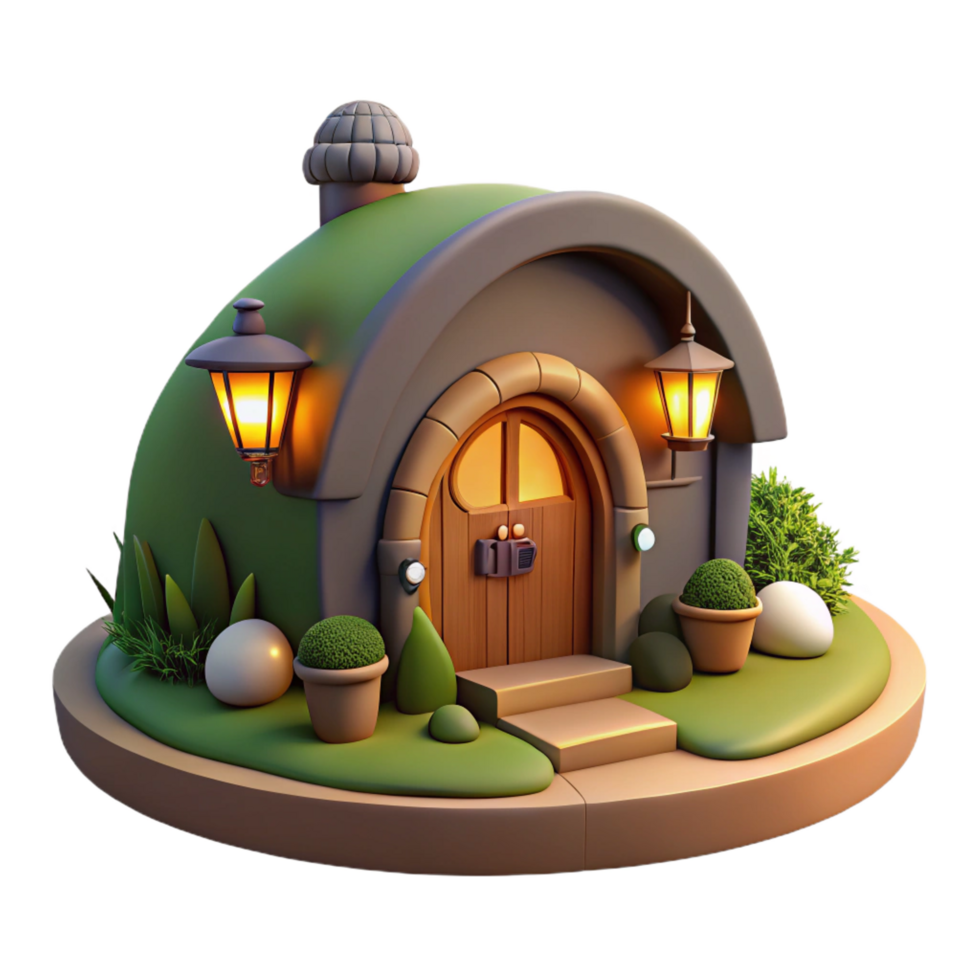 extraordinary inspired A cozy, hobbit hole style home built into a hillside, warm and inviting lighting, whimsical and charming style png