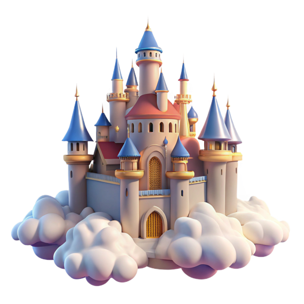 playful magnificent A majestic castle floating in the clouds, soft sunlight, dreamlike and romantic style original png