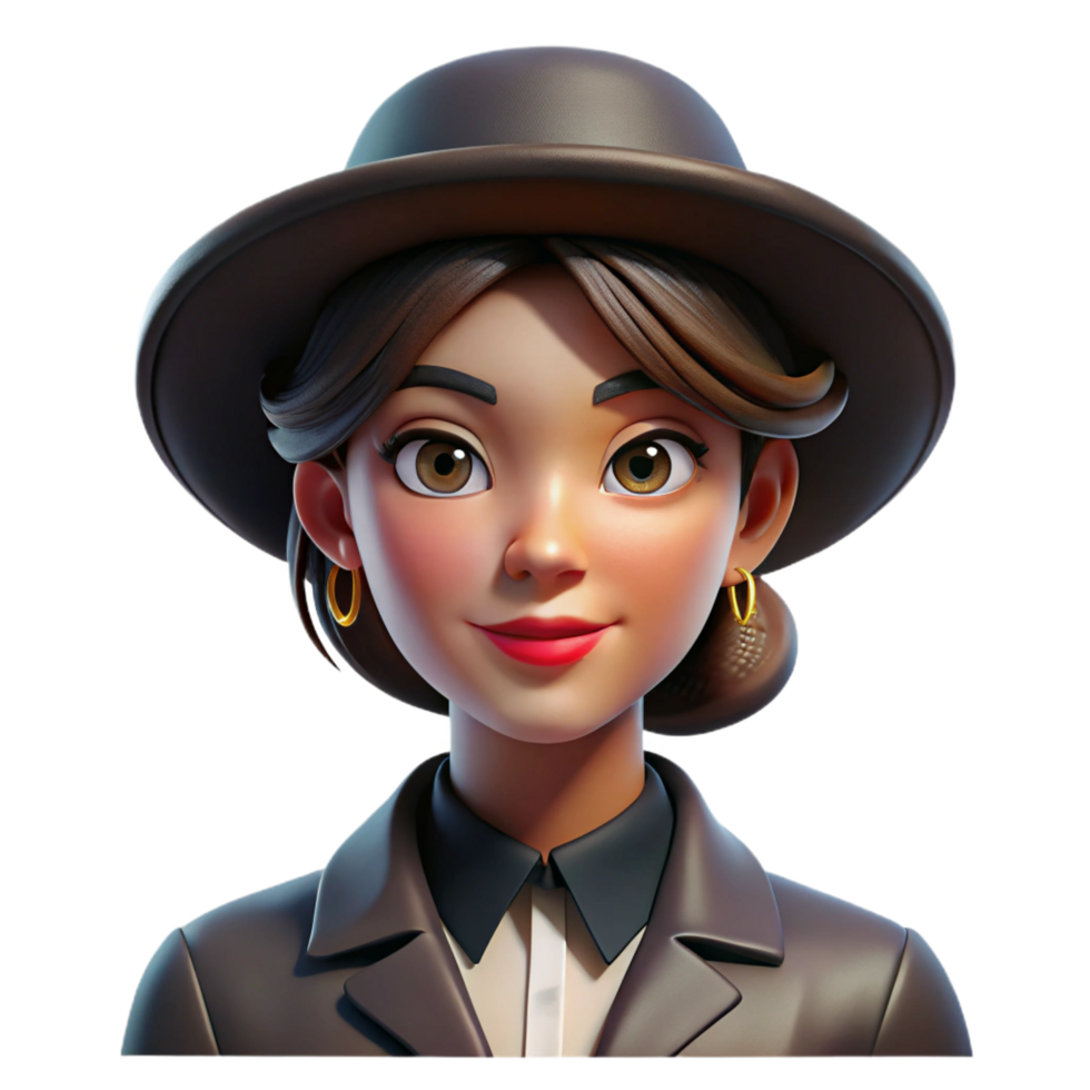 radiant iconic Portrait of a fashionable woman with a stylish hat, bold makeup, and a confident smirk, lit by warm, flattering studio lighting, in a fashion photography style png
