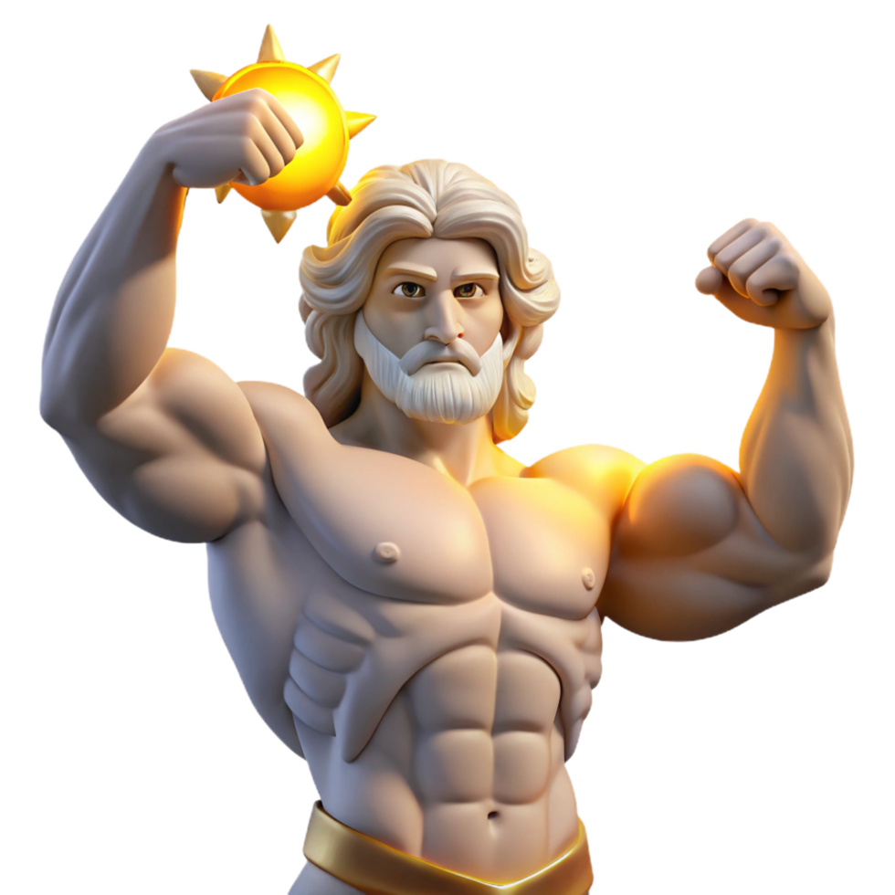 distinguished elegant A powerful titan holding up the sky, strained muscles illuminated by sunlight, classical Greek sculpture style precision png