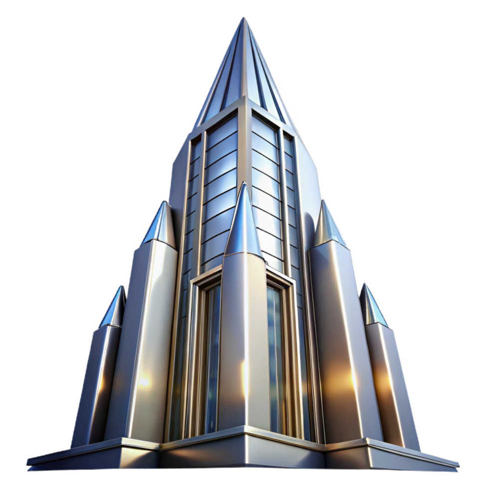 peaceful beautiful Art Deco skyscraper, chrome and glass, sharp angles, volumetric lighting, high contrast, stylized, museum quality png