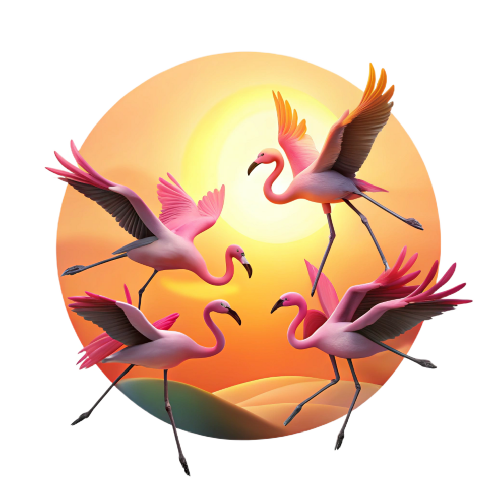 vibrant iconic A flock of flamingos taking flight against a vibrant sunset, silhouette effect, dramatic backlighting, minimalist art style png
