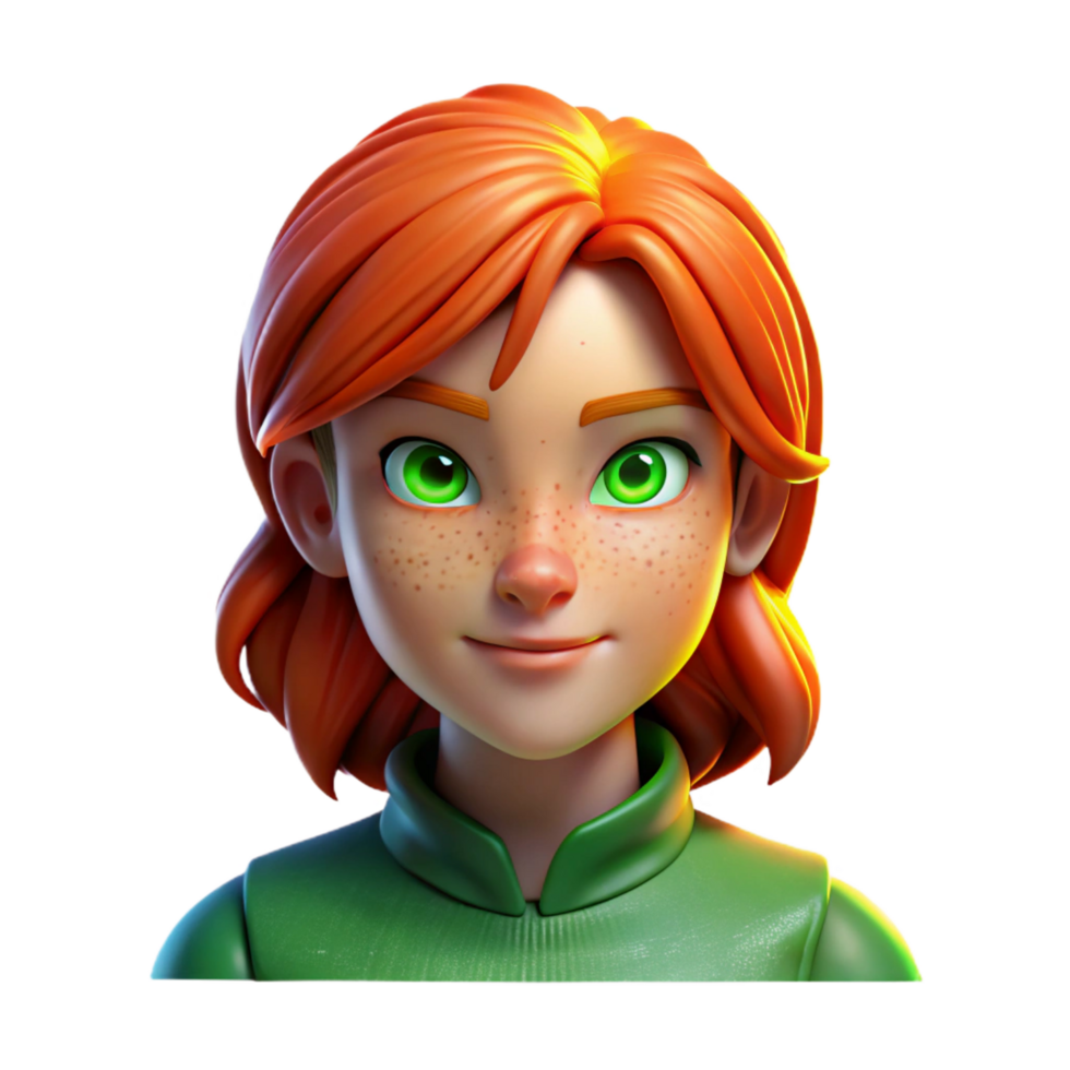 playful striking Portrait of a young woman with fiery red hair, freckles, and piercing green eyes, lit by a single spotlight from above, Rembrandt style high resolution png