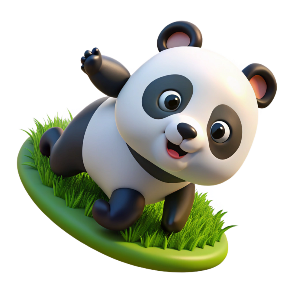 serene timeless A playful panda cub tumbling down a grassy slope, bright daylight, cartoon style png
