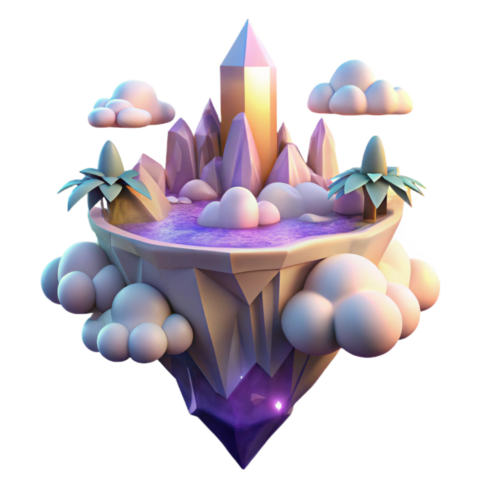 spectacular signature A floating island with crystal castles and waterfalls cascading into the clouds, vibrant sunset lighting, dreamlike style png
