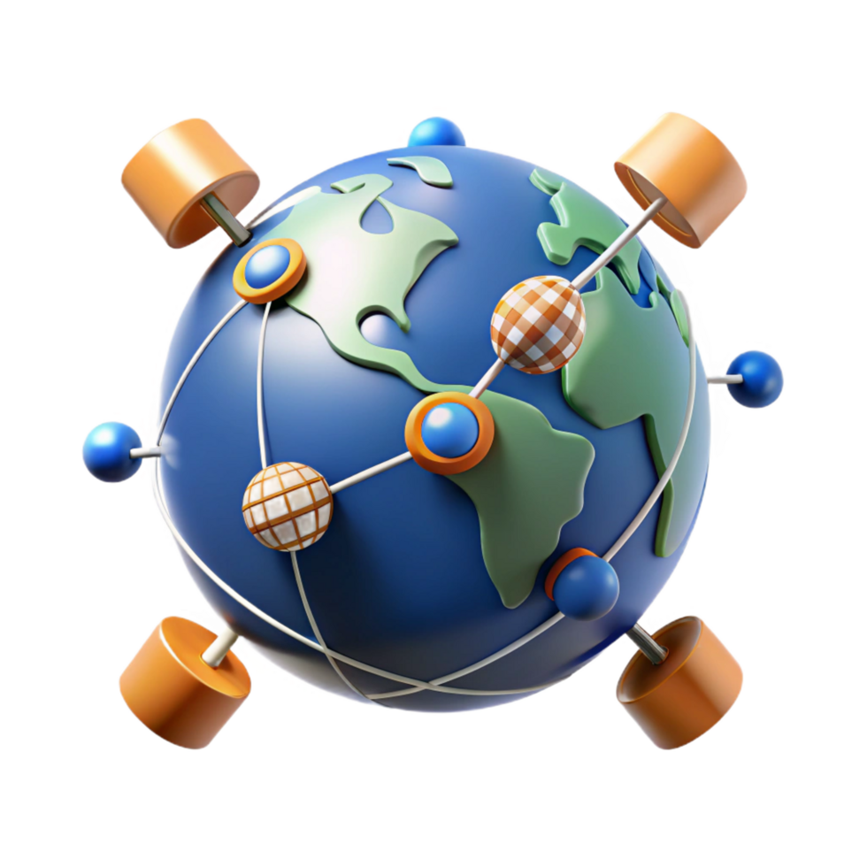 picturesque energetic creative A network of interconnected satellites orbiting Earth, communication lines visible between them, infographic style handcrafted png