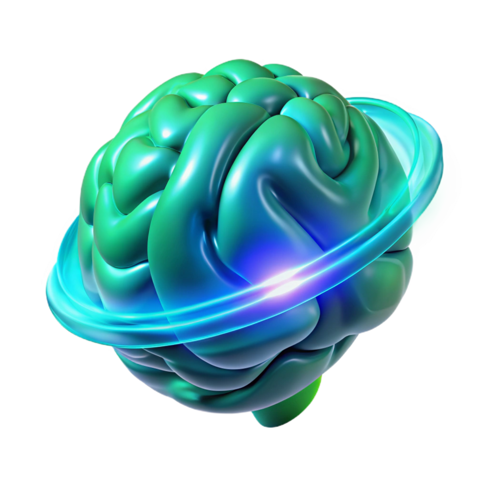 alluring urban A holographic projection of a human brain, rotating slowly, pulsing with energy, cool blue and green lighting, scientific illustration style masterfully captured png