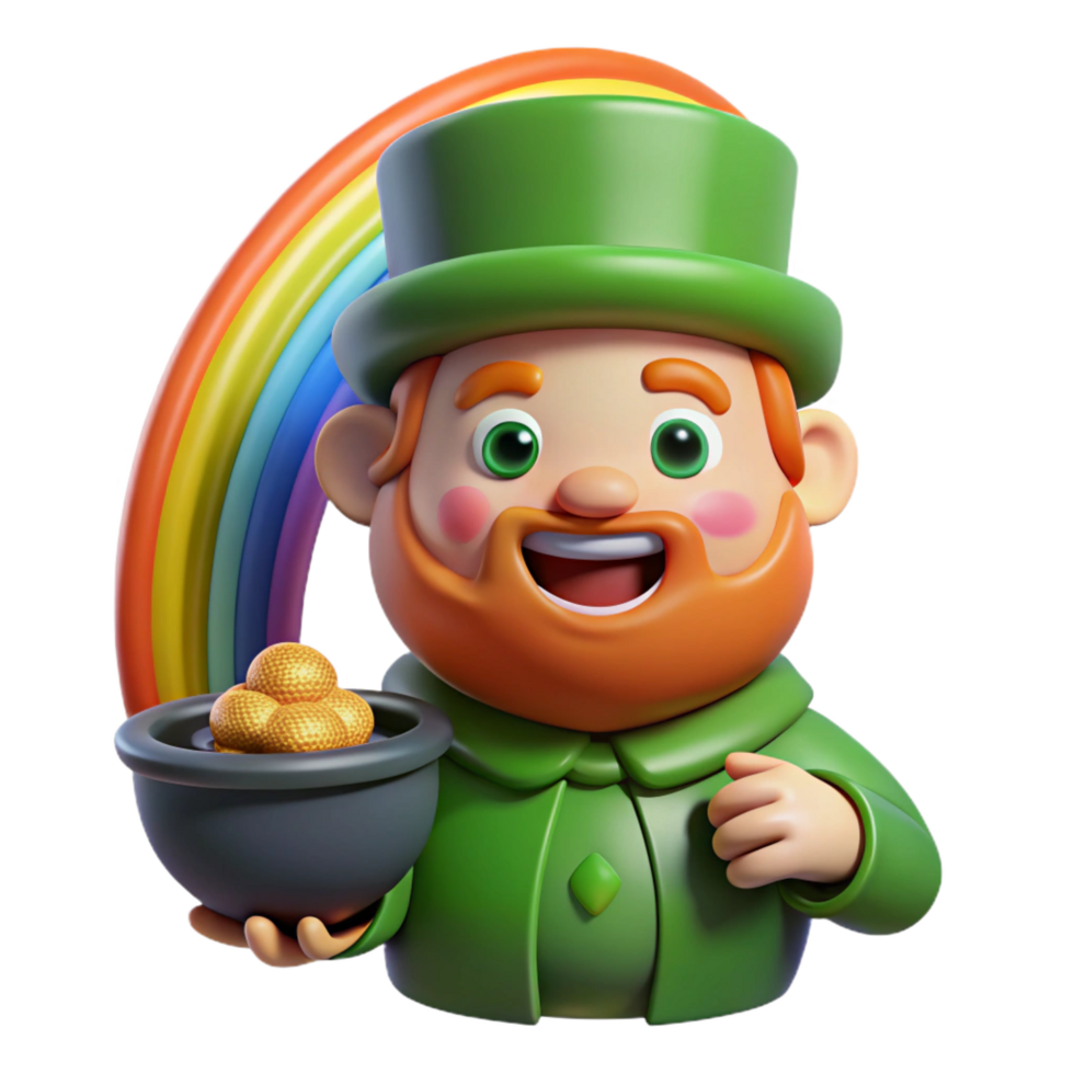 passionate pristine A mischievous Leprechaun hiding a pot of gold at the end of a rainbow, bright, cheerful lighting, cartoon style fine detail png