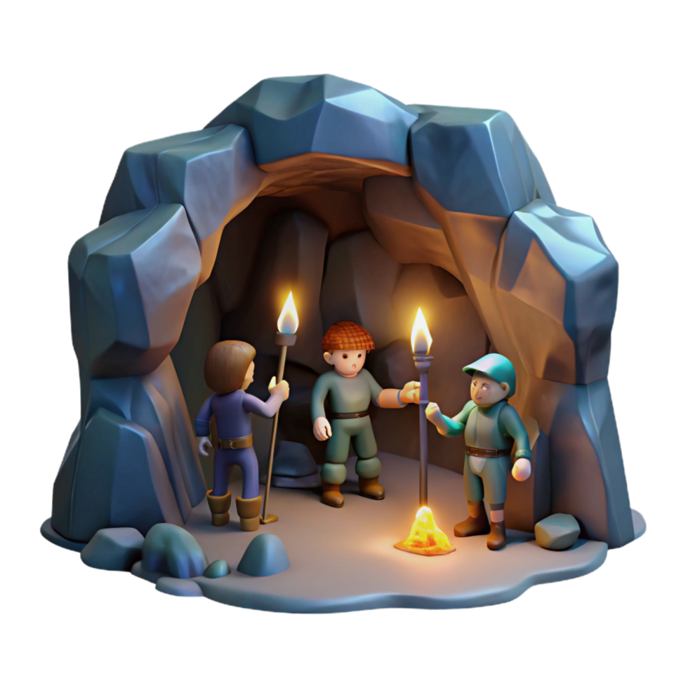 picturesque mid century A group of adventurers exploring a dark and mysterious cave, flickering torchlight, adventurous and gritty style high quality png