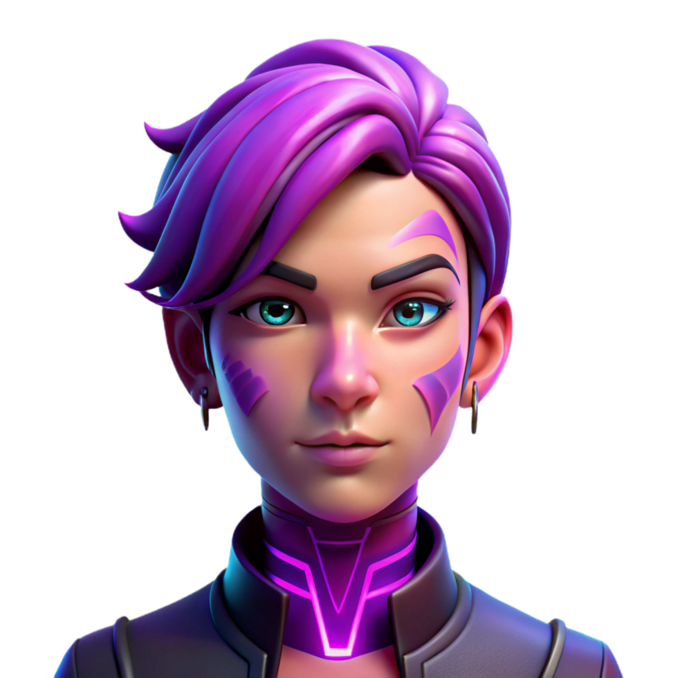 alluring exemplary Portrait of a non binary person with vibrant purple hair, intricate facial tattoos, and a neutral expression, lit by neon pink and blue lights, in a cyberpunk style png