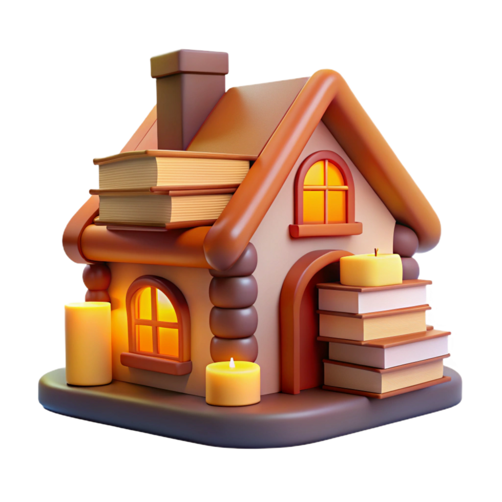stunning abstract A house made entirely of books, warm lighting, cozy atmosphere, whimsical, flawless png