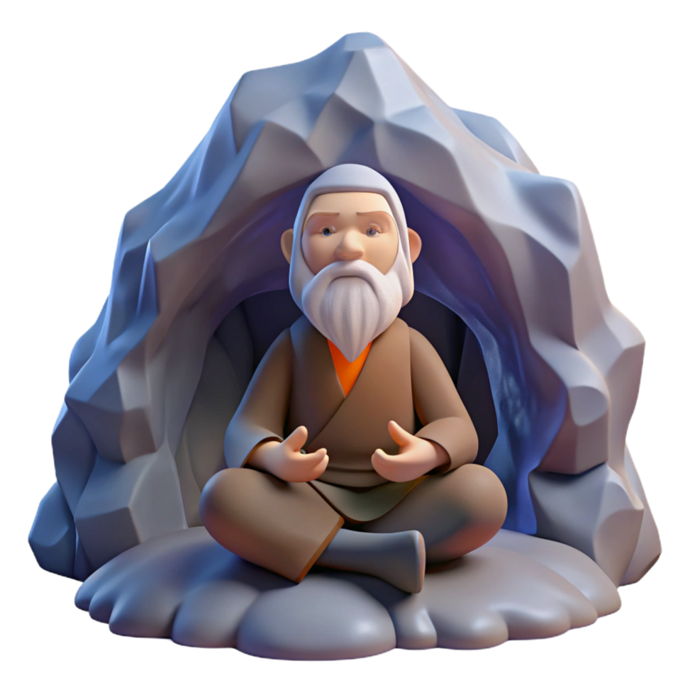 elegant harmonious futuristic A wise old hermit meditating in a mountain cave, soft light, serene and contemplative, fantasy art ultra HD png