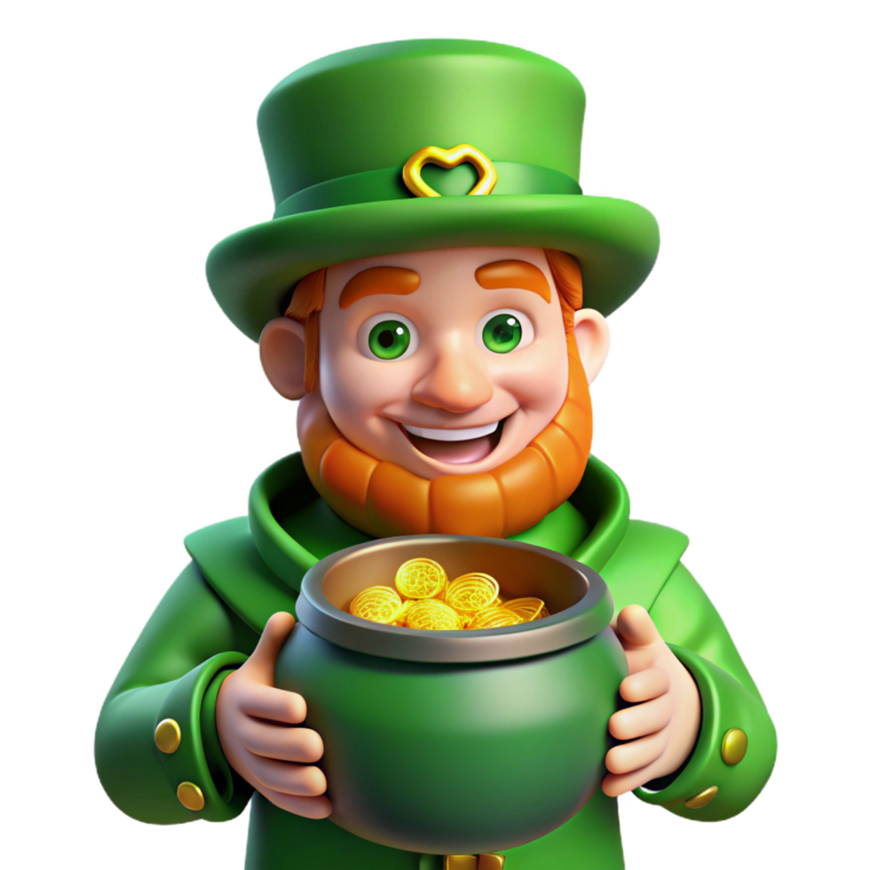 alluring unparalleled Portrait of a mischievous leprechaun with a pot of gold, vibrant green lighting, folklore art style png