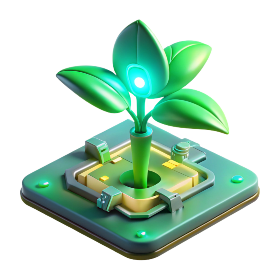 dazzling tranquil artistic A bioluminescent plant growing out of a circuit board, illuminated by its own soft, green light, biopunk style premium png