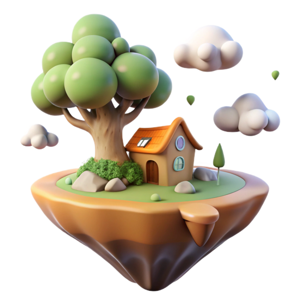 immaculate iconic A floating island with a single tree and a small house, peaceful atmosphere, fantasy art, soft lighting, png