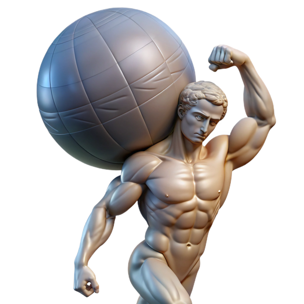 romantic hypnotic A stoic Atlas, burdened by the weight of the celestial sphere, muscles straining, lit from above. Classical sculpture style impeccable png