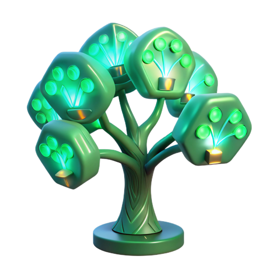 elegant retro A bioluminescent tree with digital leaves displaying coded information, soft green lighting, fantasy style top tier png