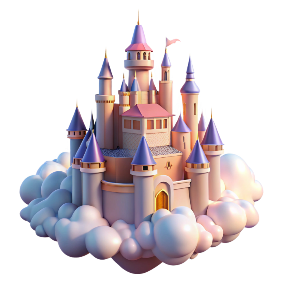 harmonious dazzling A majestic castle floating in the clouds, soft sunlight, dreamlike and romantic style authentic png