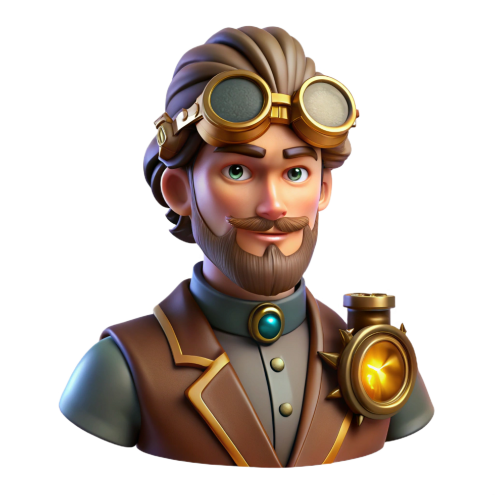 gorgeous melancholic traditional Portrait of a steampunk inventor with goggles, gears, and intricate gadgets, lit by flickering gaslight, in a retro futuristic style high resolution png