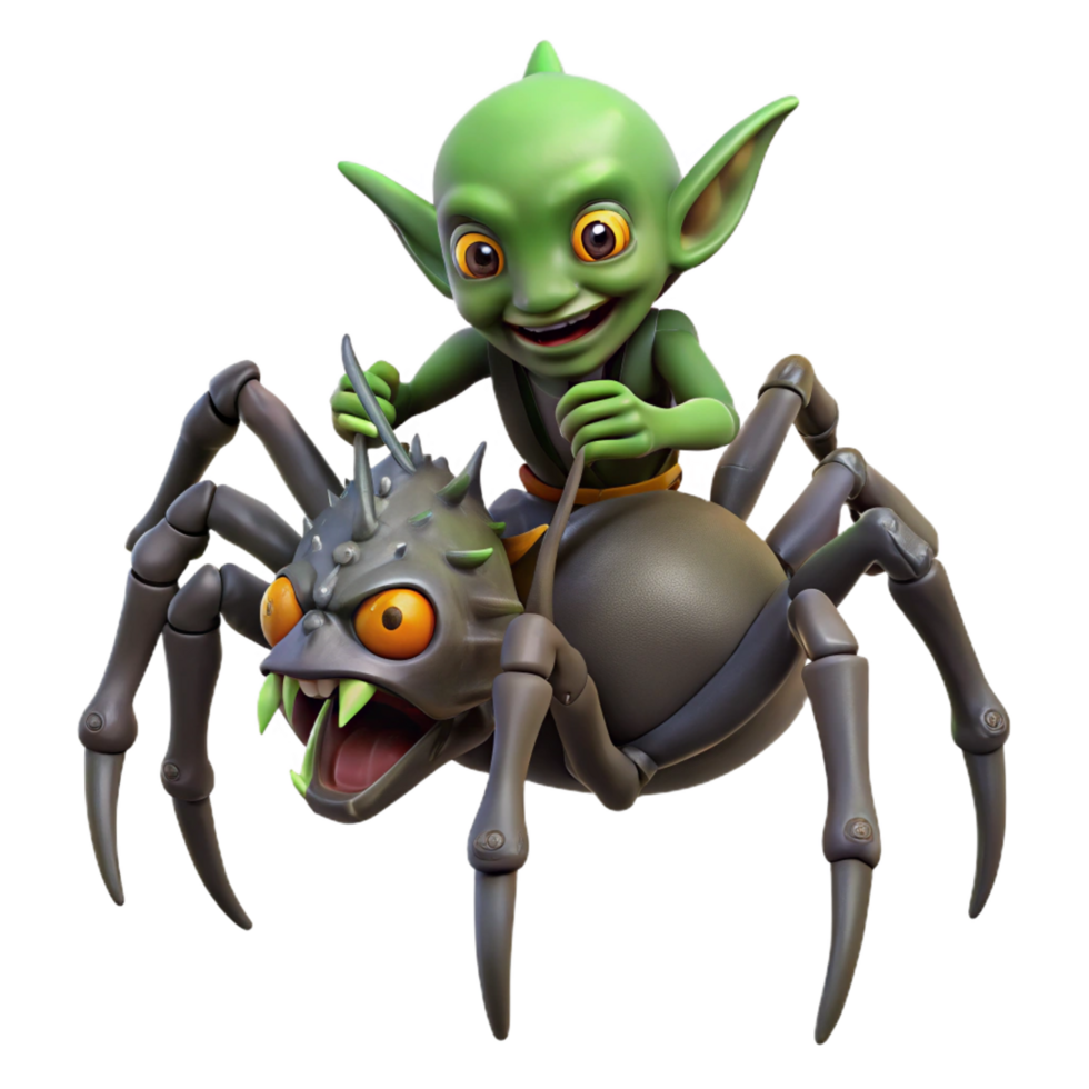 reflective mesmerizing A mischievous, goblin riding a giant spider, dimly lit forest, dark fantasy style impeccable png