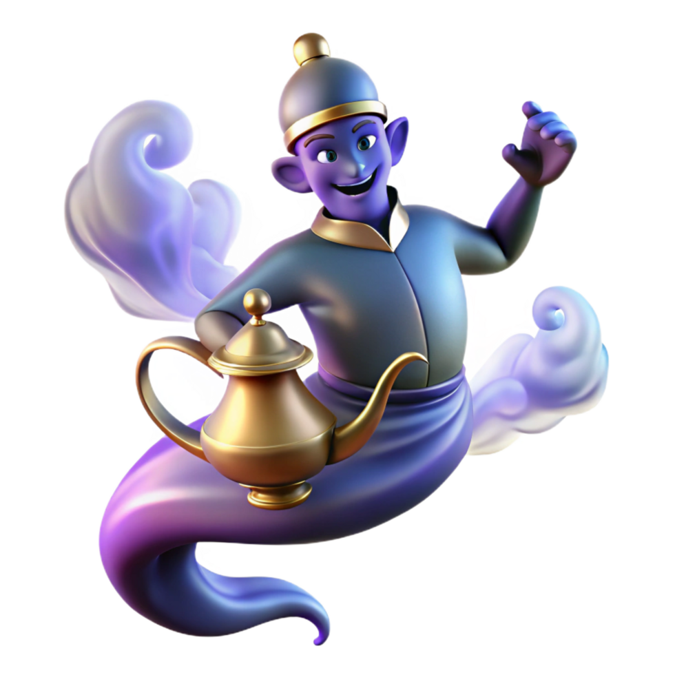 hypnotic bohemian A powerful djinn emerging from a magic lamp, surrounded by swirling smoke, illuminated by an ethereal glow. Arabian Nights style authentic png