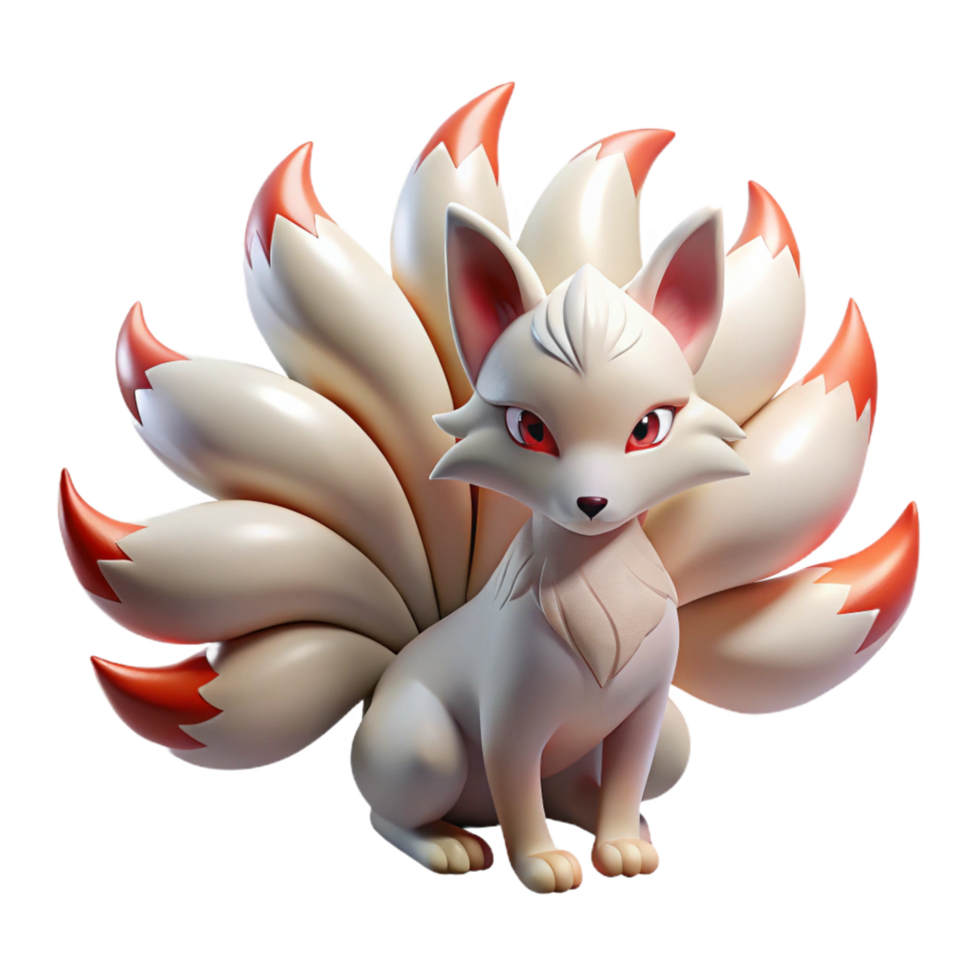 playful dramatic A beautiful kitsune with nine tails, bathed in moonlight, anime style handcrafted png