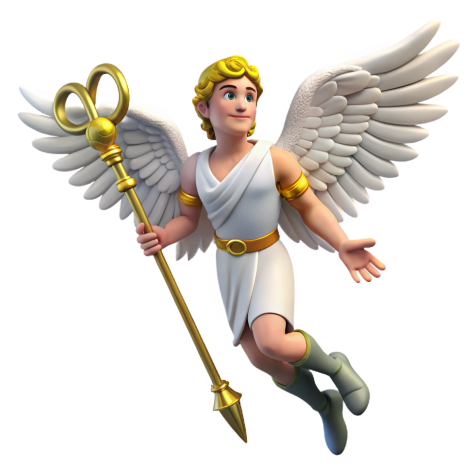 whimsical sumptuous A swift Hermes wearing winged sandals, caduceus staff, dynamic pose, classical style fine detail png