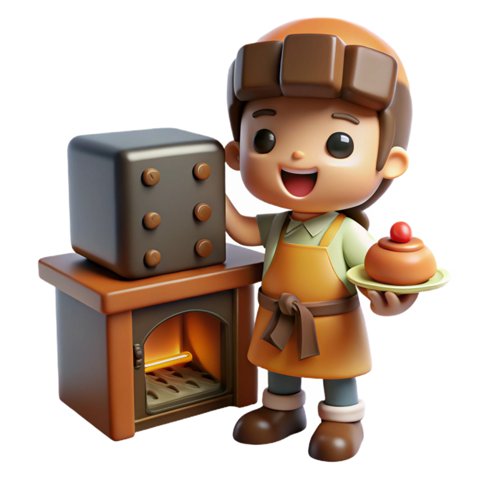 vibrant signature A mischievous brownie baking bread, cozy kitchen setting, warm lighting, fairytale style png