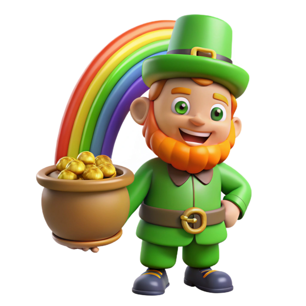 alluring unparalleled A mischievous leprechaun guarding his pot of gold at the end of a rainbow, vibrant colors, Irish folklore style png