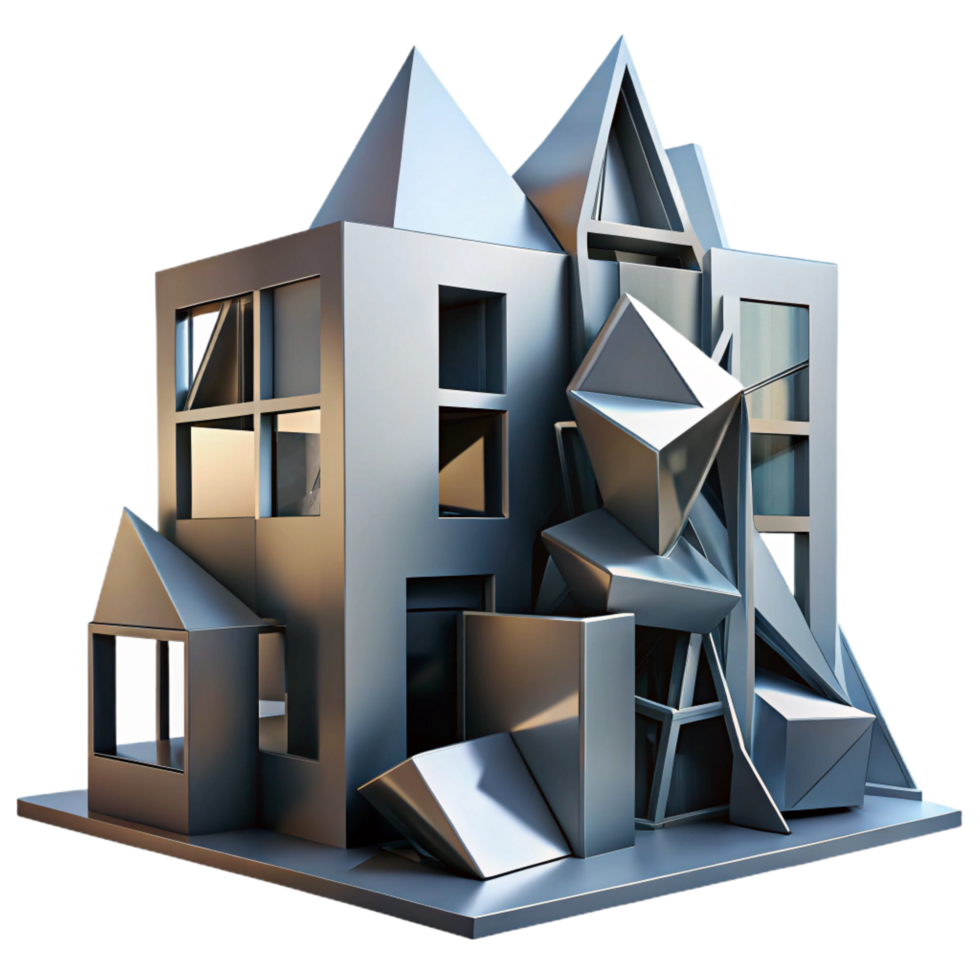 unforgettable tropical A decontructivist building with fragmented shapes, sharp angles, metallic surfaces, dramatic shadows premium png