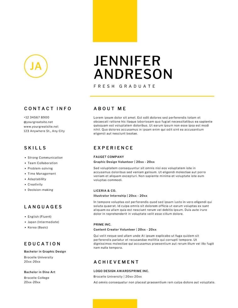 Yellow White Fresh Graduate Internship Resume template