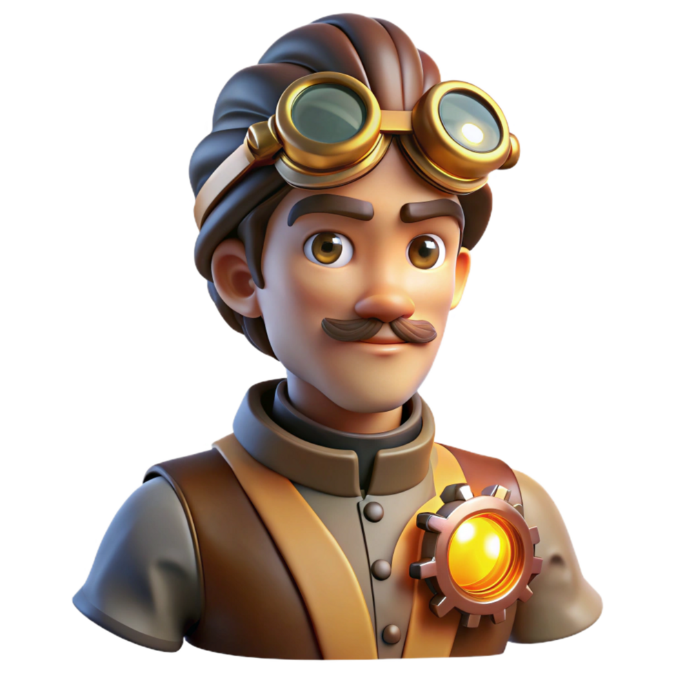 captivating unparalleled Portrait of a steampunk inventor with goggles and gears adorning their clothing, lit by the warm glow of a steam powered lamp, steampunk art style png