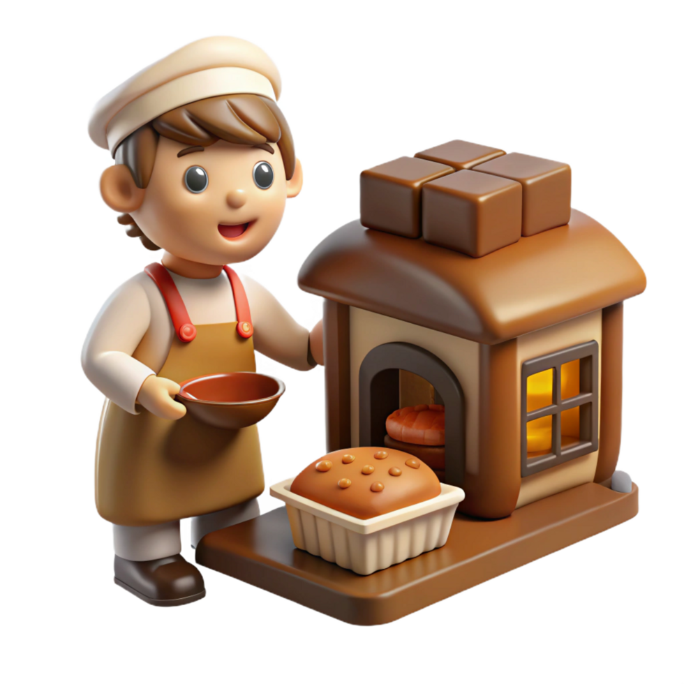 striking nordic A playful Brownie baking bread in a cozy cottage kitchen, warm, inviting lighting, storybook illustration style flawless png