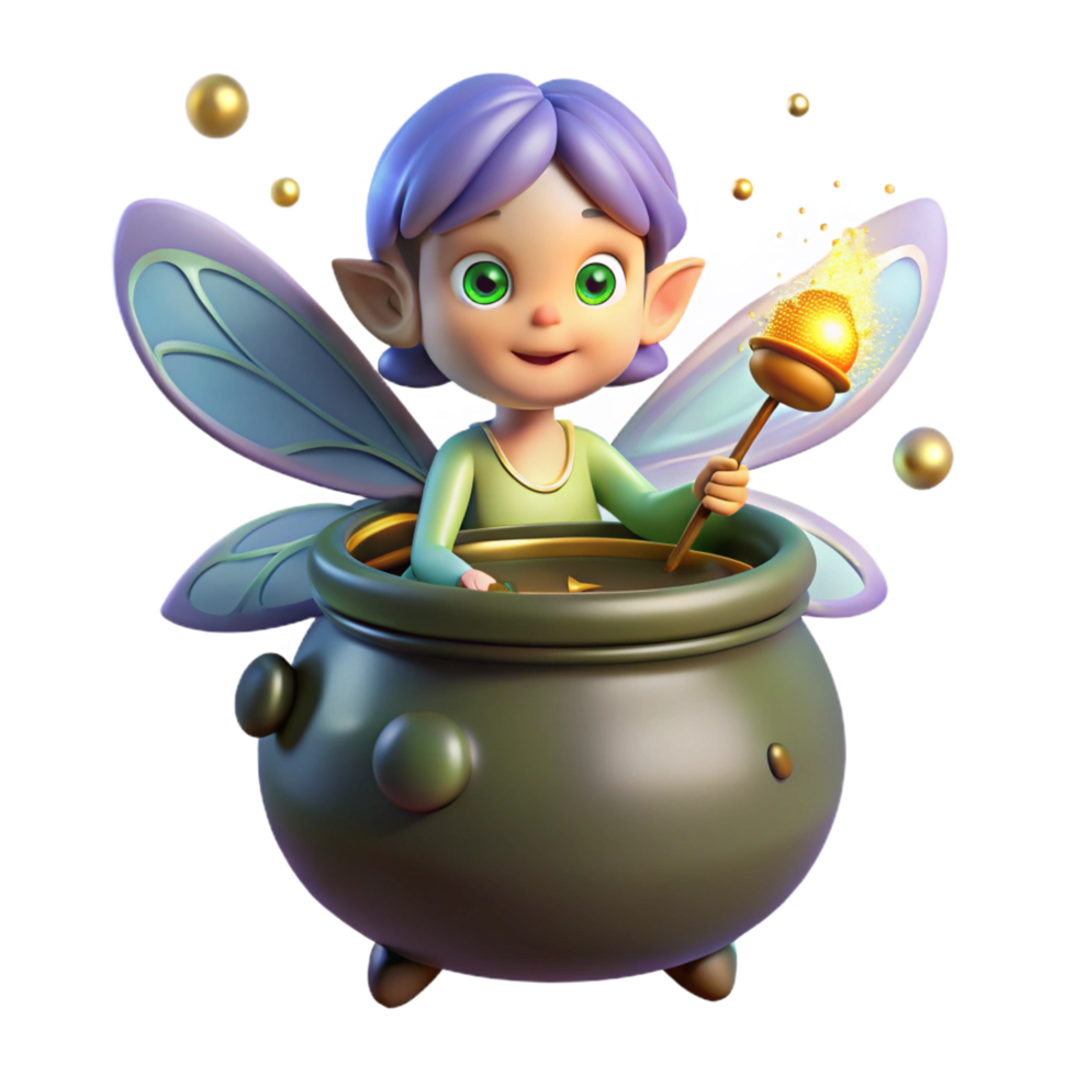 remarkable minimalist A mischievous pixie with iridescent wings hovering over a bubbling cauldron, surrounded by fireflies, whimsical illustration impeccable png