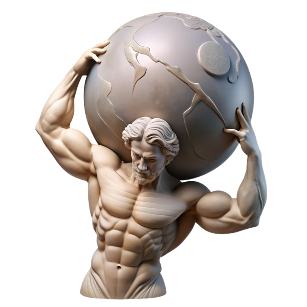 iconic abstract A stoic Atlas, burdened by the weight of the celestial sphere, muscles straining, lit from above. Classical sculpture style original png