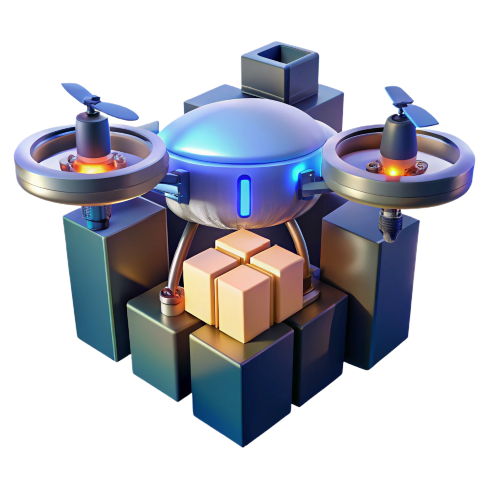impressive standout A futuristic drone delivering a package in a dense urban environment, illuminated by the city s lights, in a photorealistic style png