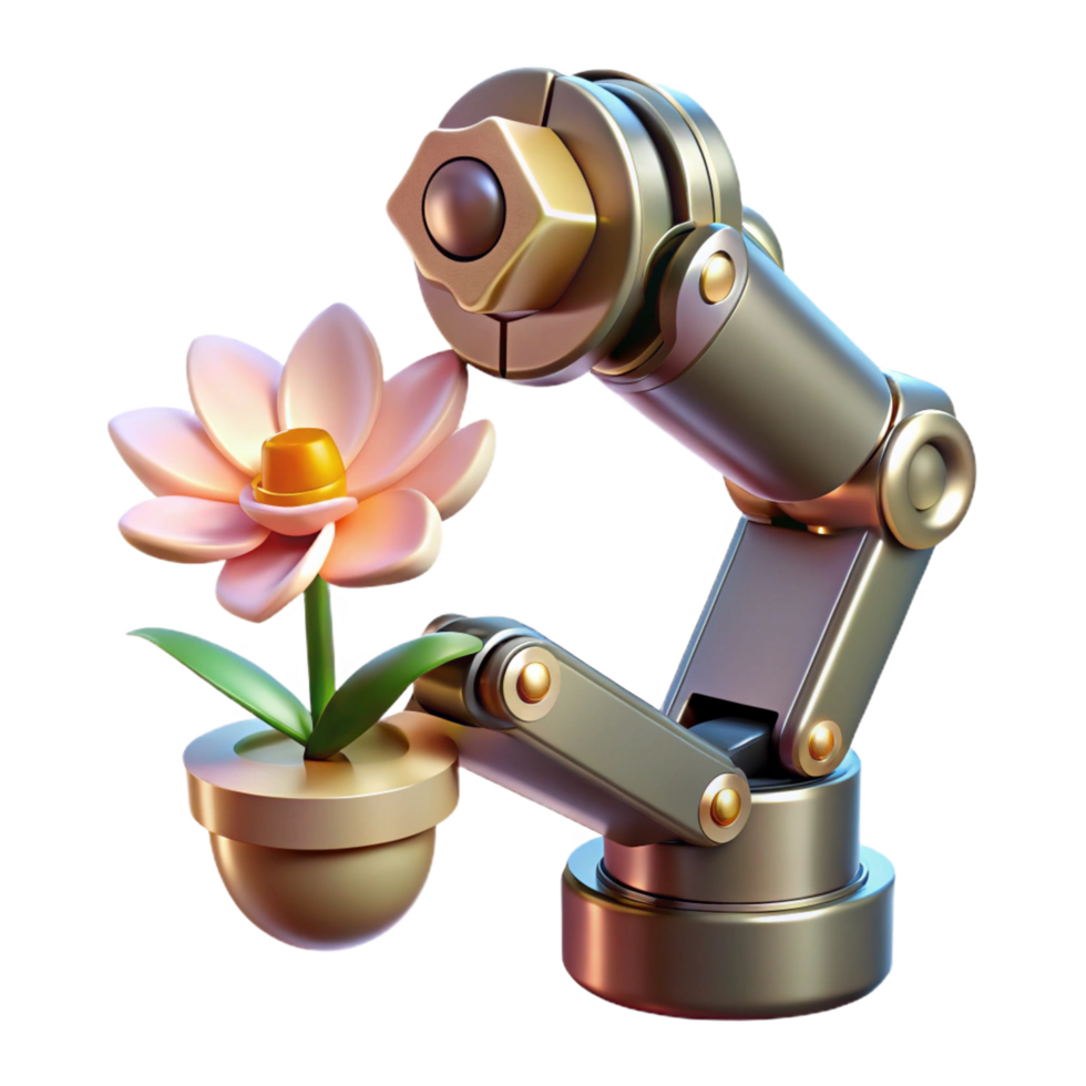 glorious dramatic bohemian A robotic arm holding a delicate flower, contrasting metal and nature, soft and diffused lighting, surrealism style sharp png