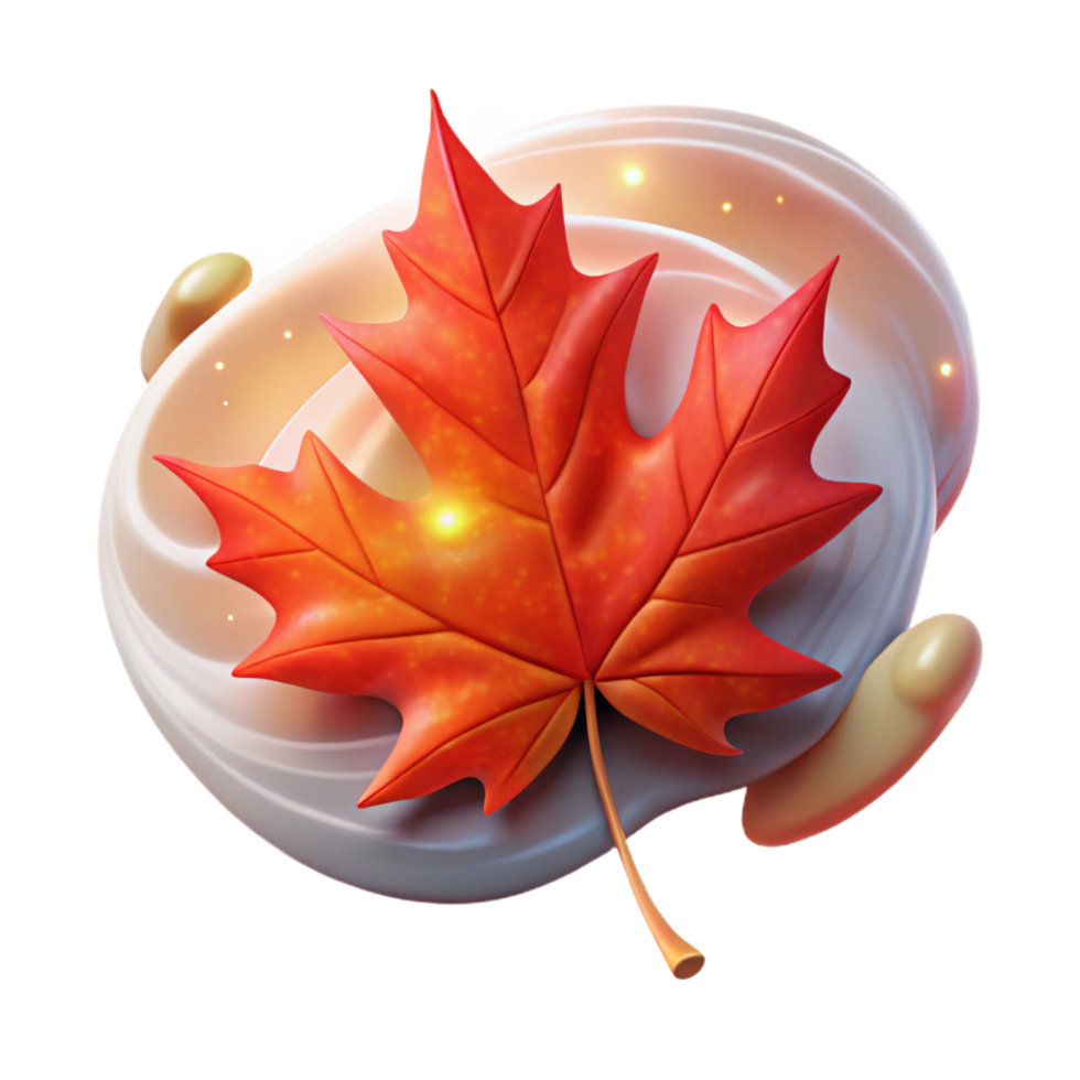 spectacular elegant A single, perfect red maple leaf falling against a backdrop of a swirling autumnal nebula, lit by the soft glow of a dying star. Artstation trending, hyperrealistic, 8k 8K png